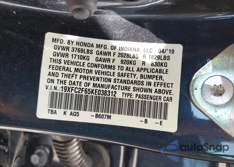 2019 Honda Civic Lx z USA, uszkodzony, nr VIN 19XFC2F65KE038312